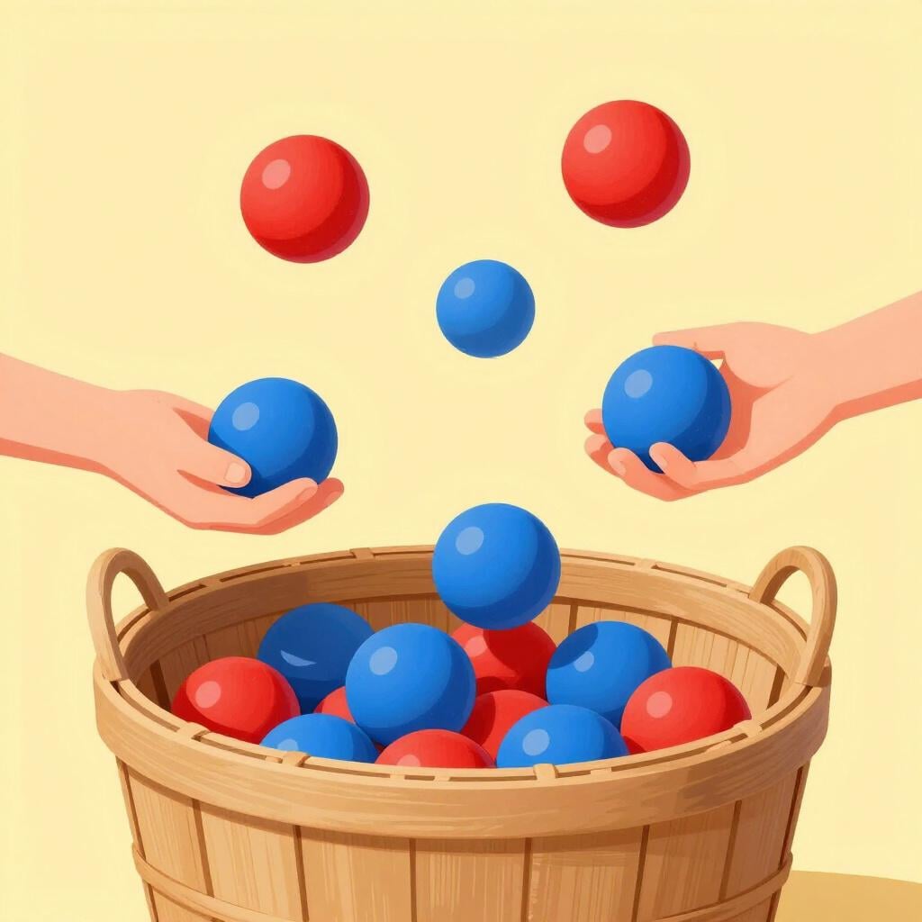 A group of hands tossing colorful balls into a large wooden basket.