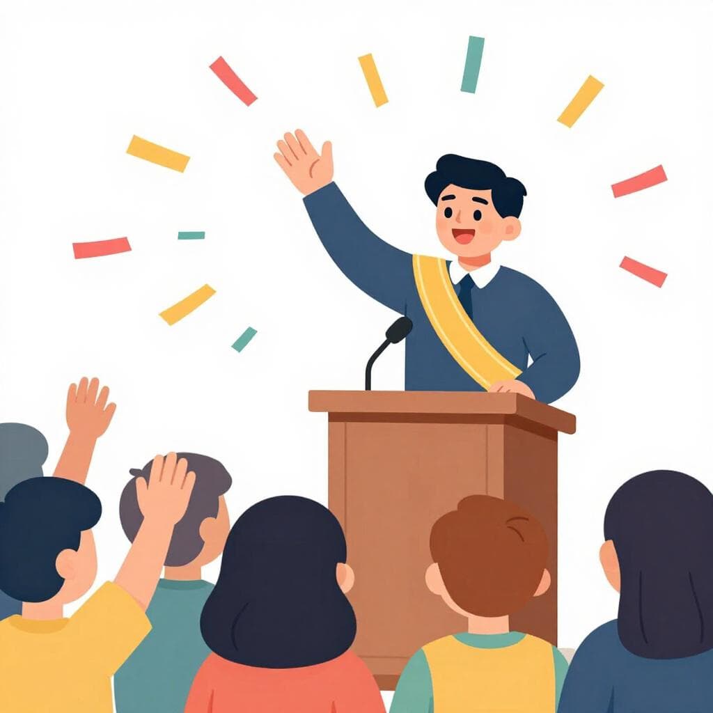 Een lachend persoon die op een podium staat, toegejuicht door een menigte, met een trofee in de hand en een sjerp die succes symboliseert.