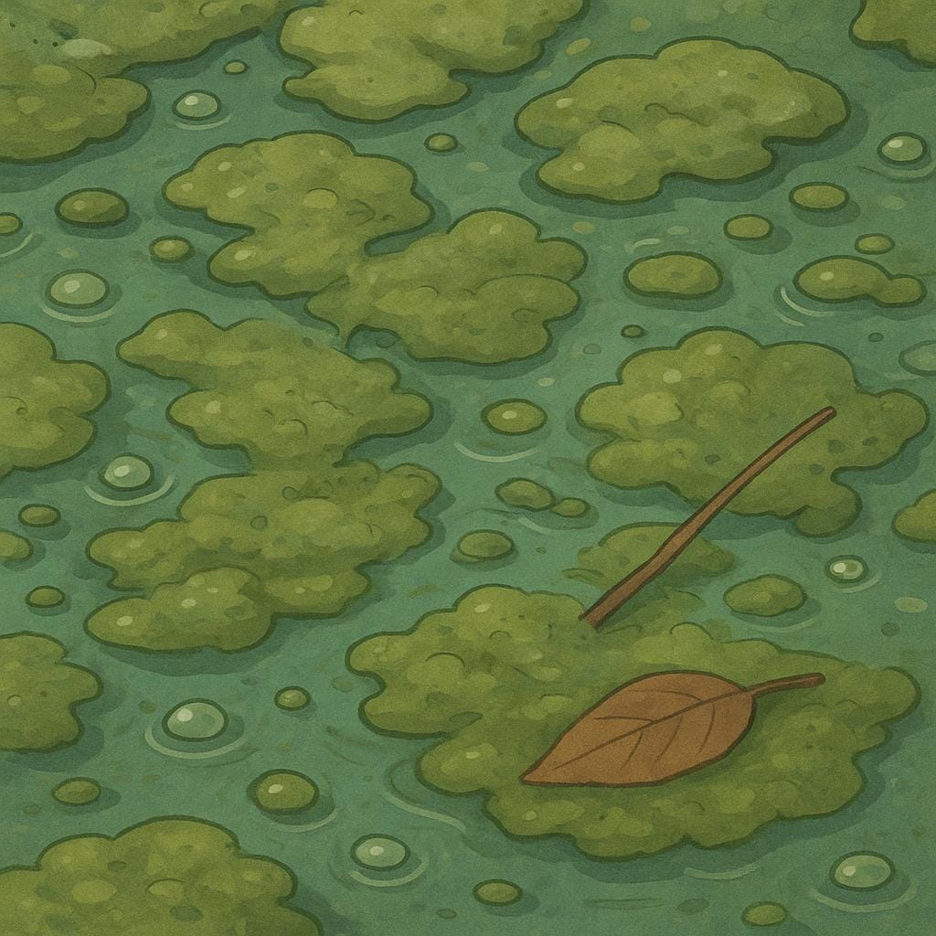 A close-up view of a small, stagnant puddle of water completely covered by a thick, greenish layer of floating scum.