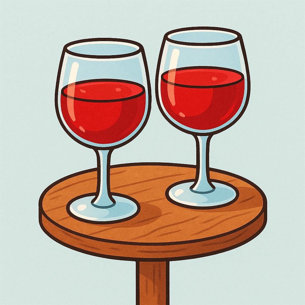 Two stemmed glasses filled with red liquid resting on a small table, symbolizing social drinks.