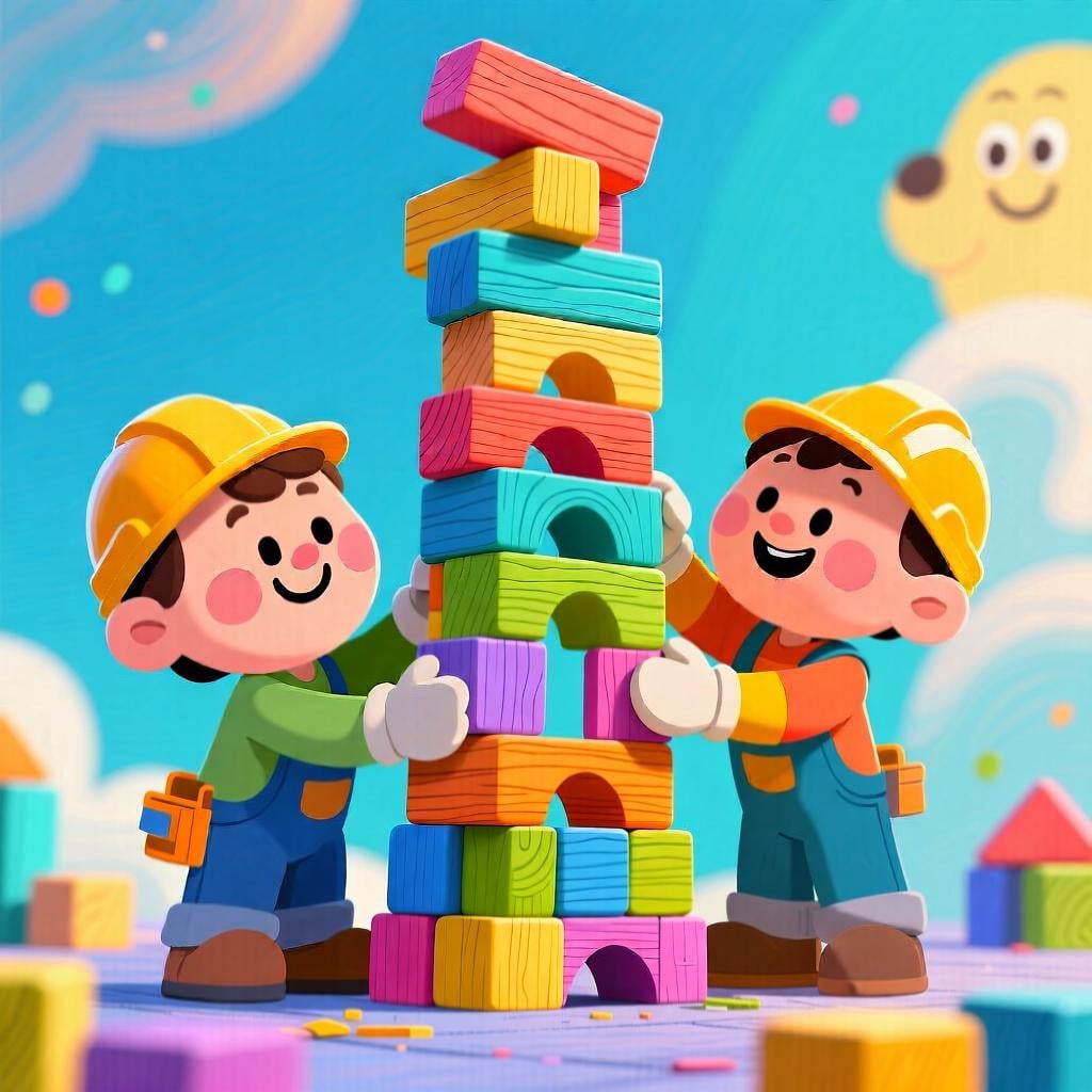 Two friendly cartoon characters working together to build a very tall tower of brightly colored wooden blocks, one character steadies the base while the other places the top block.