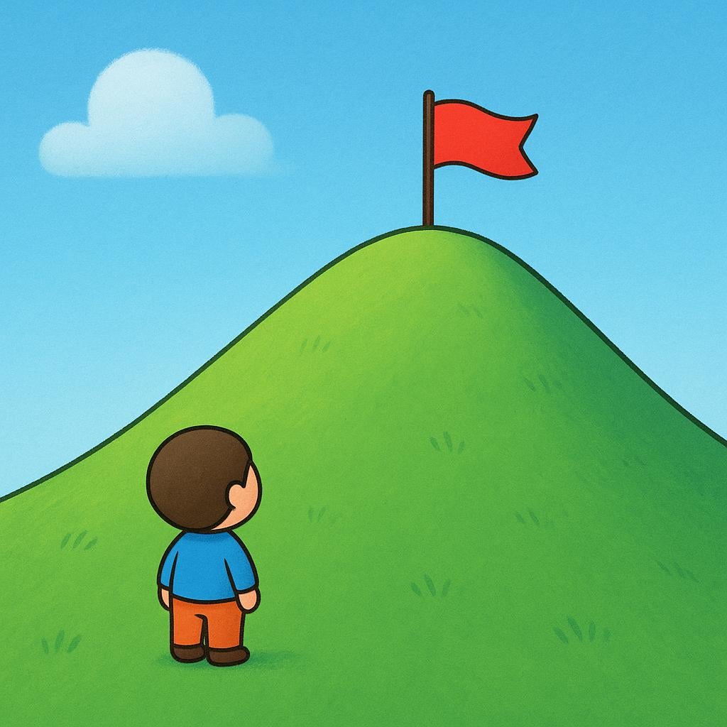 A small figure standing at the bottom of a hill, looking up at a bright flag planted at the summit, representing a goal.