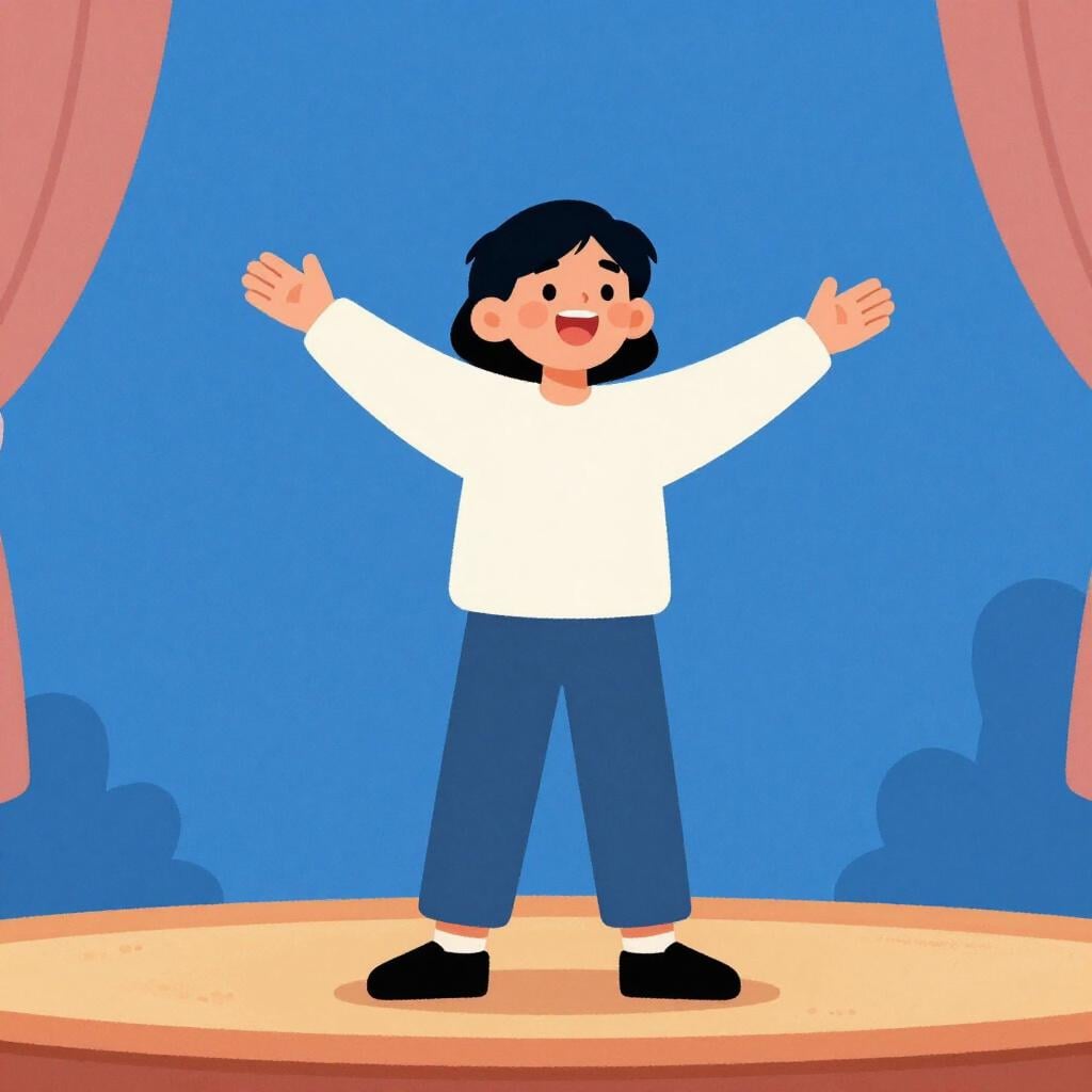 Une personne debout sur une petite scène en bois, les bras grands ouverts et la bouche ouverte comme si elle chantait une chanson.