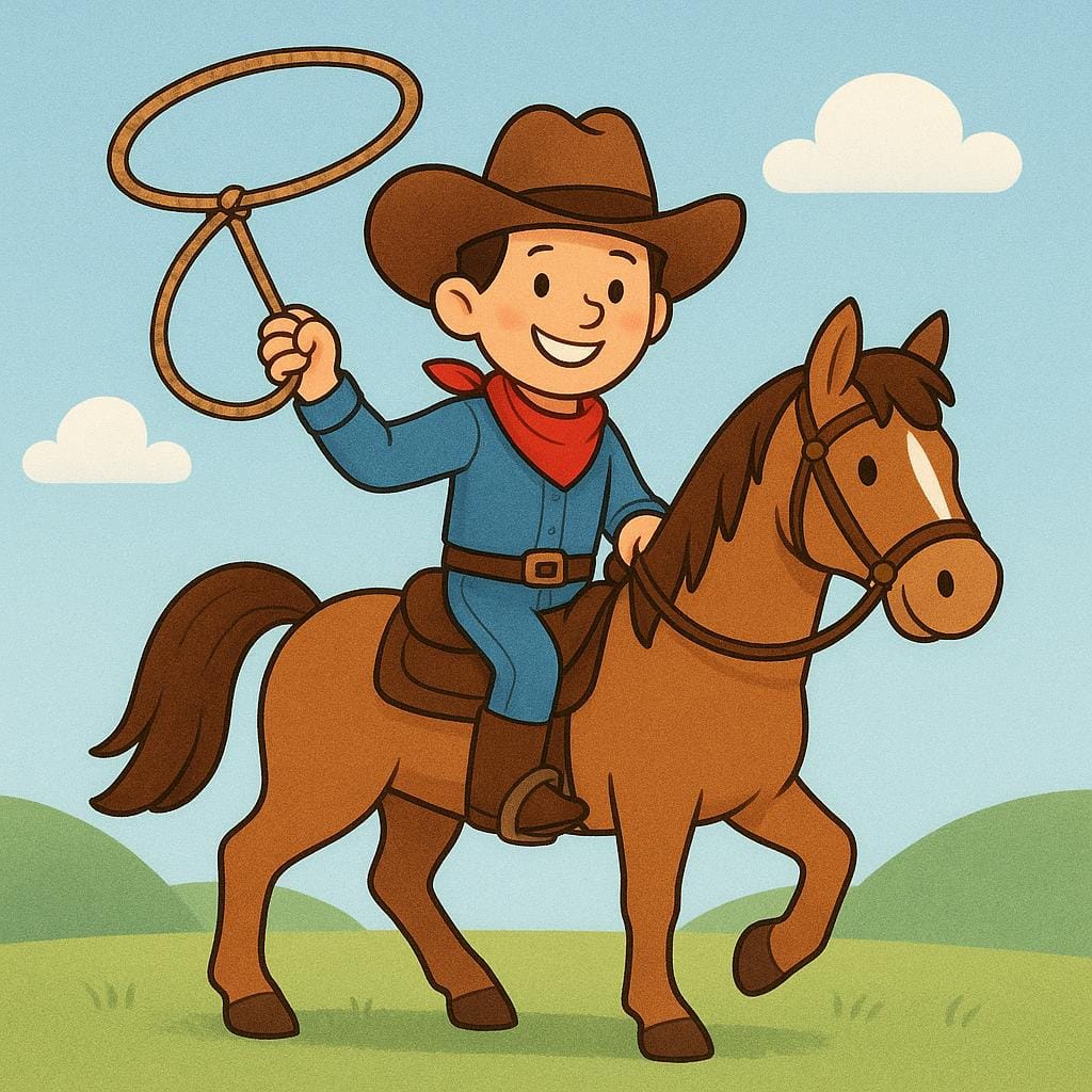 Um homem vestindo um chapéu e botas de caubói, montando um cavalo enquanto conduz o gado em um estilo de livro de histórias simples e colorido.