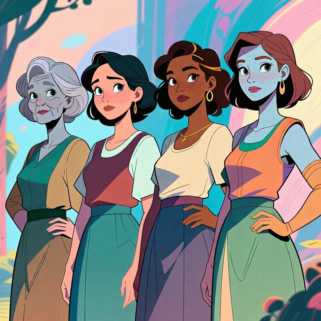A diverse lineup of four women standing side-by-side, each one looking unique but part of a group, representing the concept of 'every woman'.