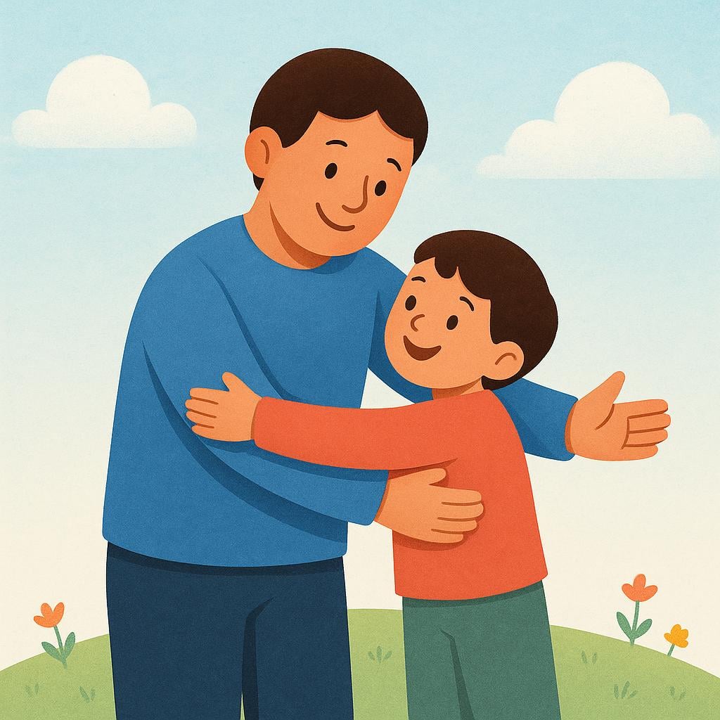 A large, friendly cartoon figure with open arms gently embracing a smaller, happy figure. The background is simple and colorful.