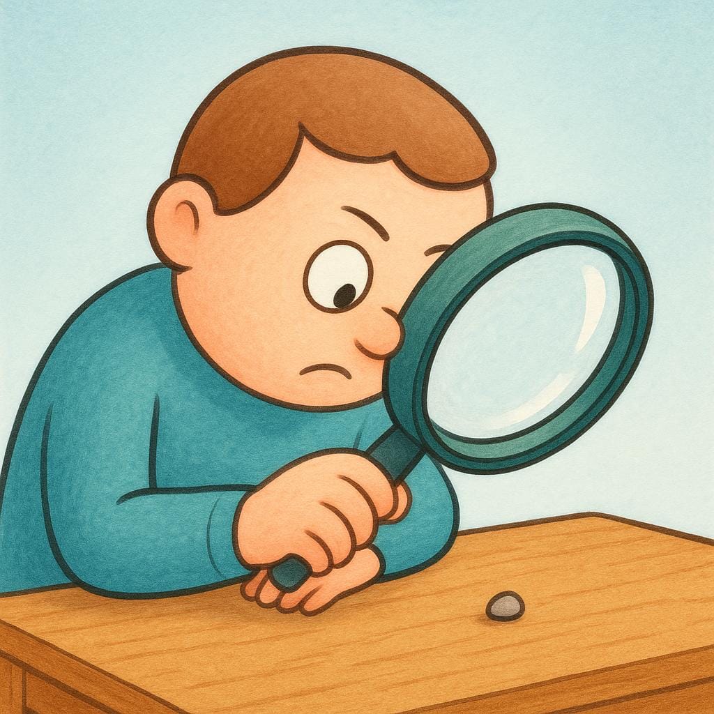机に座って、一つの小さな小石を熱心に調べるために大きな虫眼鏡を使っている人。深い精神的な集中や細部にこだわることを象徴している。