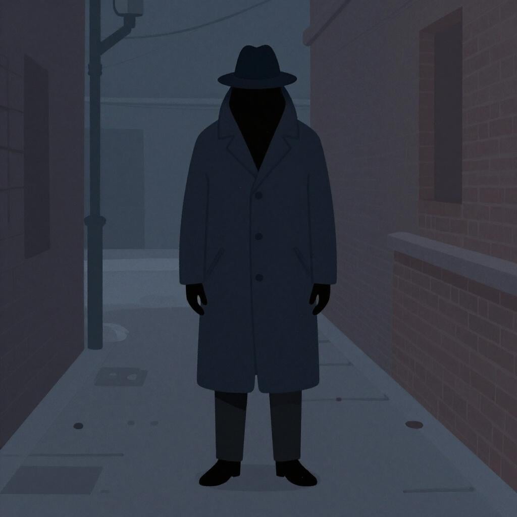 A mysterious figure wearing a dark trench coat and a hat pulled low, standing in a dark alleyway.
