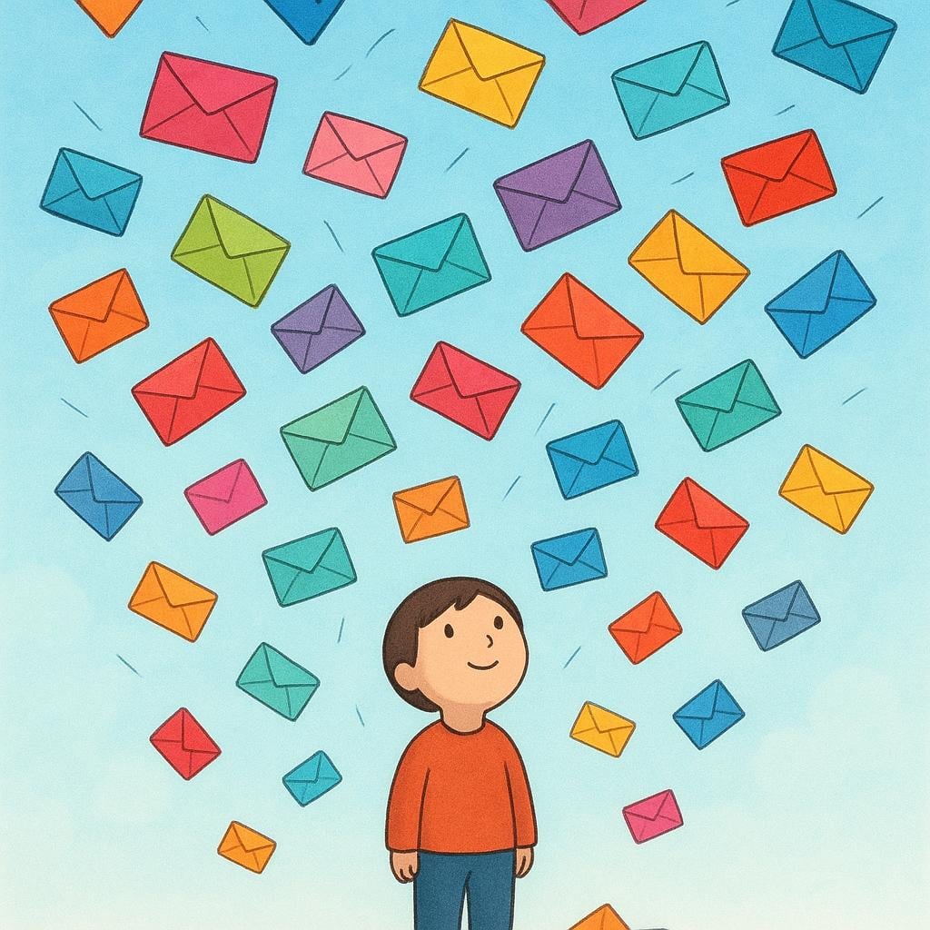 A person standing with arms open as many colorful envelopes fall from the sky like rain.