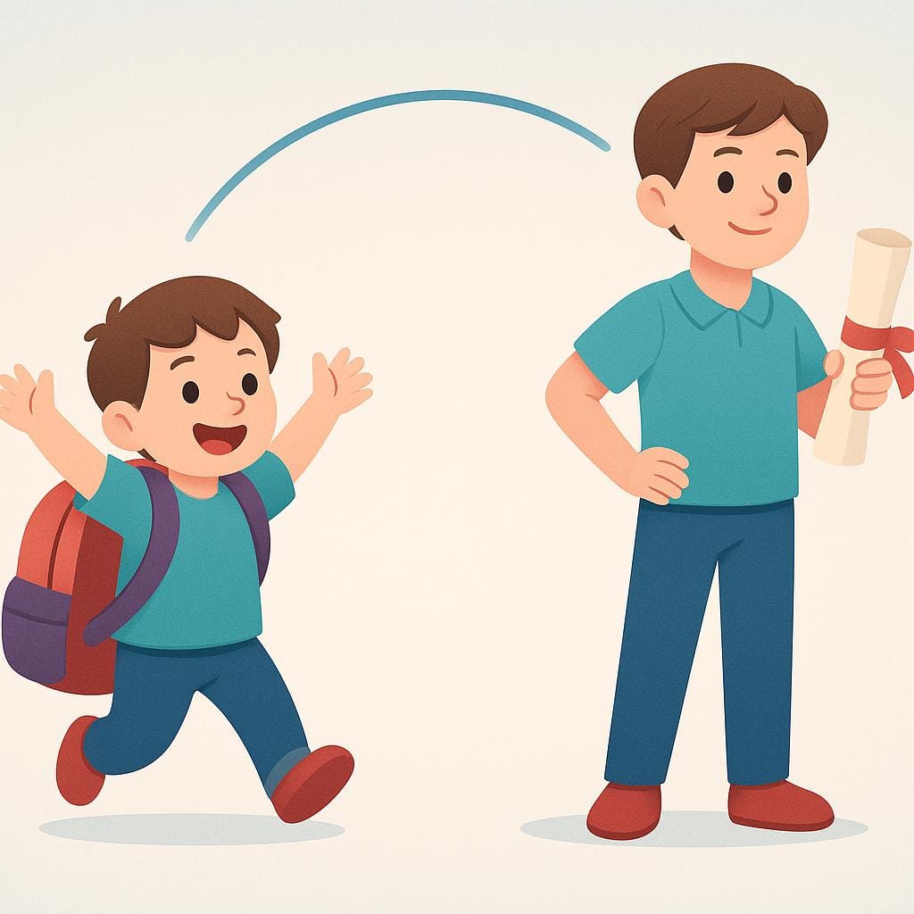 A stylized image showing a young student with a large backpack on the left, connected by an arching line to an image of the same student, taller and holding a scroll on the right, symbolizing academic duration.
