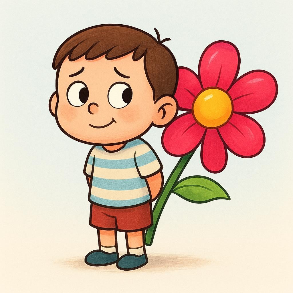 A storybook illustration of a small child character with a guilty expression, standing and hiding a large, obviously fake and brightly colored flower behind their back. A single, visible petal of the fake flower is sticking out, symbolizing the act of telling a lie.