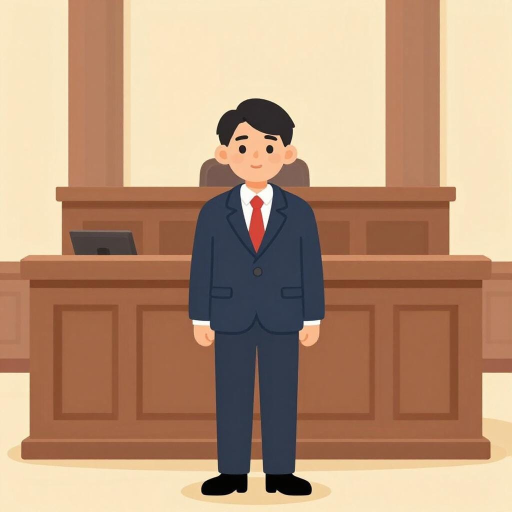 フォーマルな法廷で、大きな木製デスクの前に敬意を持って立つ人物。