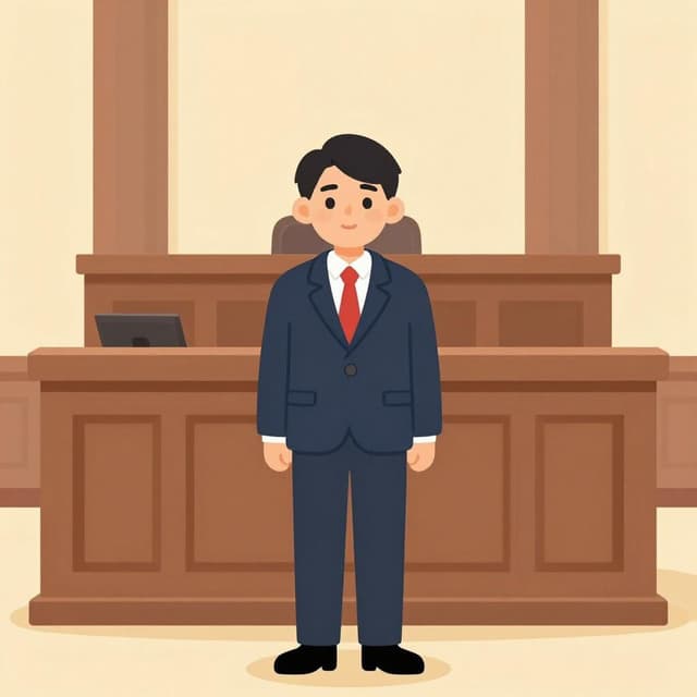 A person standing respectfully in a formal courtroom setting in front of a large wooden desk.