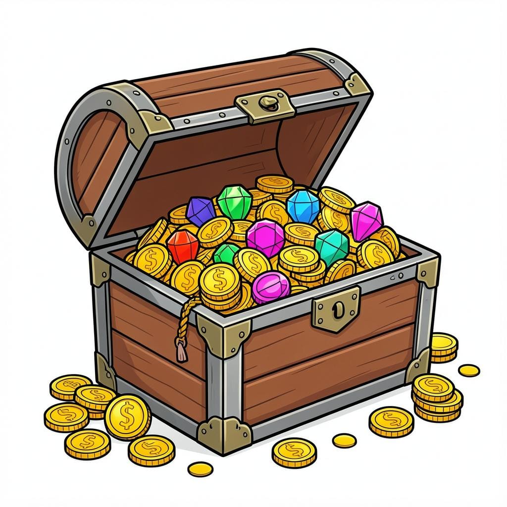 A wooden chest overflowing with gold coins and sparkling jewels.
