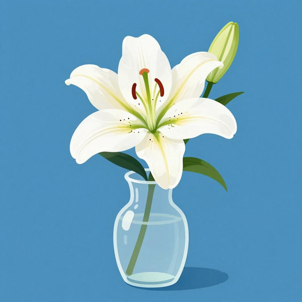 Uma única flor de lírio branco erguendo-se alta num vaso de vidro limpo sobre uma mesa de madeira simples.