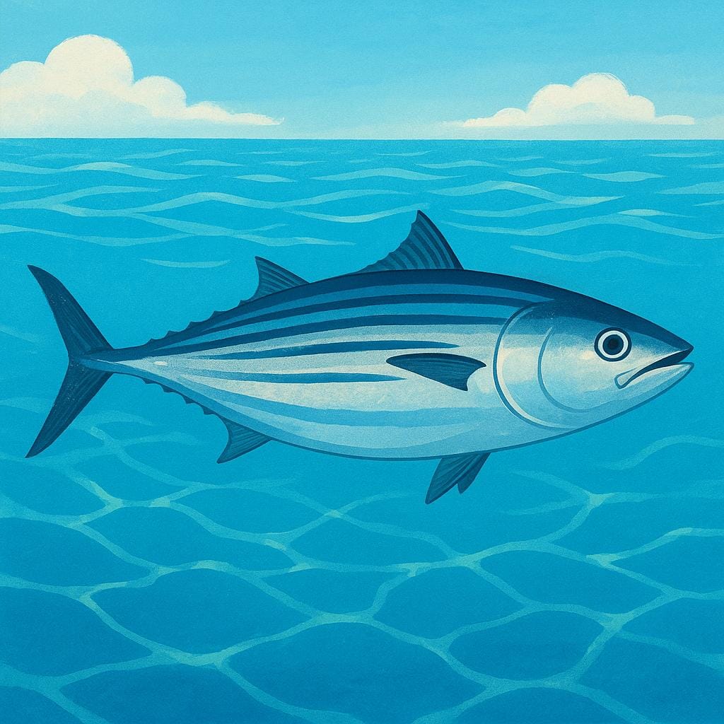 A silver and blue striped bonito fish, a type of tuna, swimming in clear ocean water.