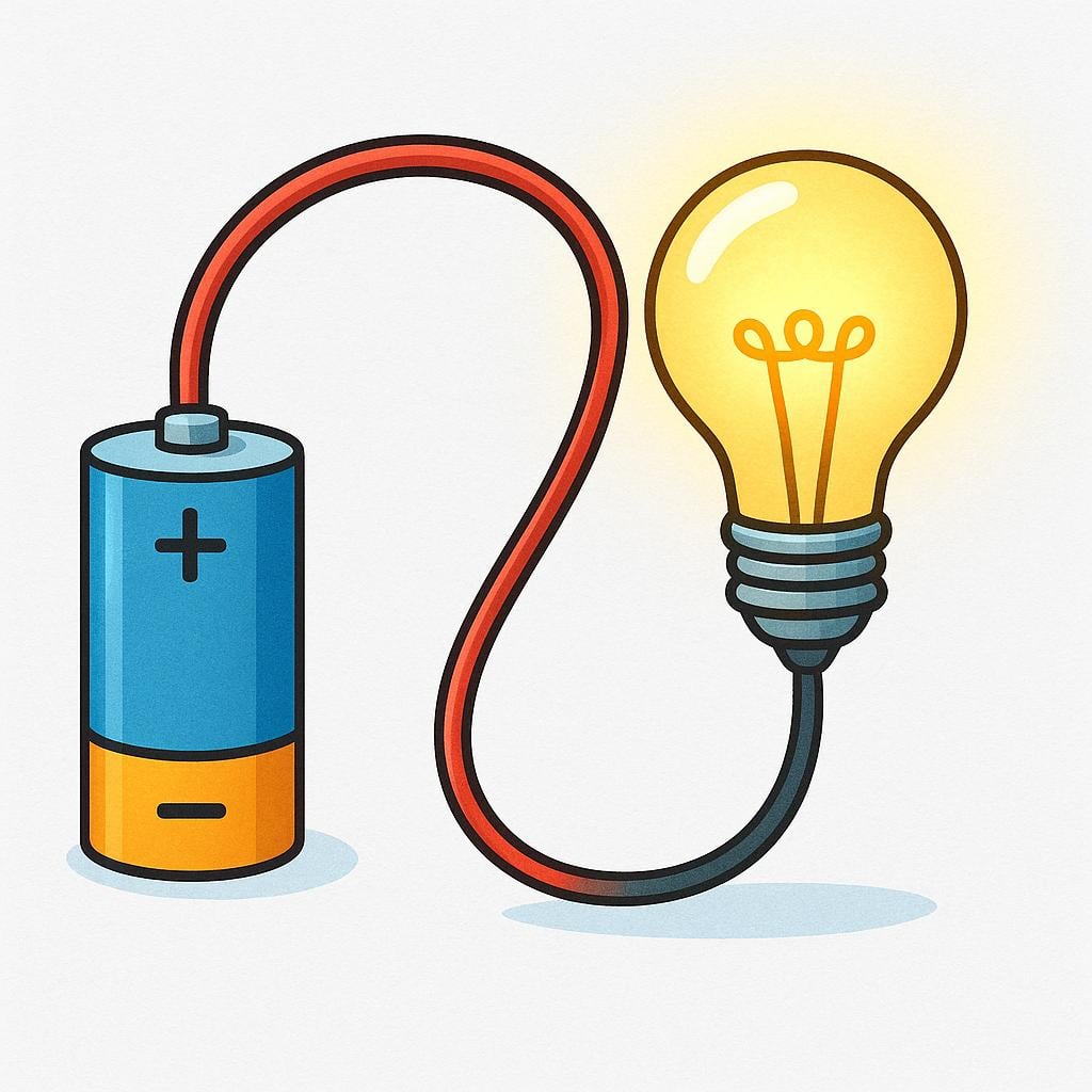 An illustration of a basic electrical circuit showing a simple battery connected by thick wires to a small, brightly glowing yellow light bulb, forming a complete closed electrical loop.