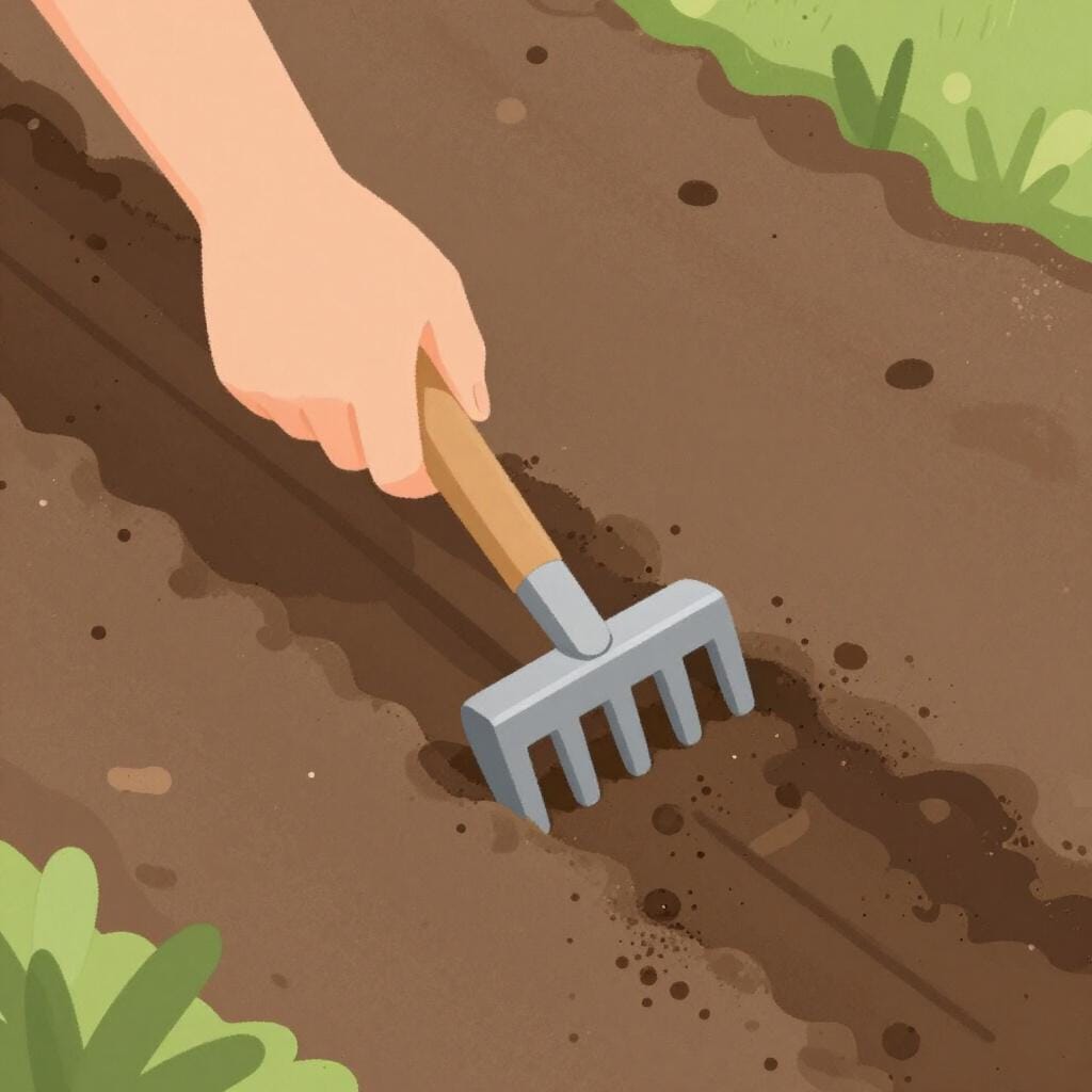A close-up of a gardener using a small hand tool to create deep straight grooves in the soil.
