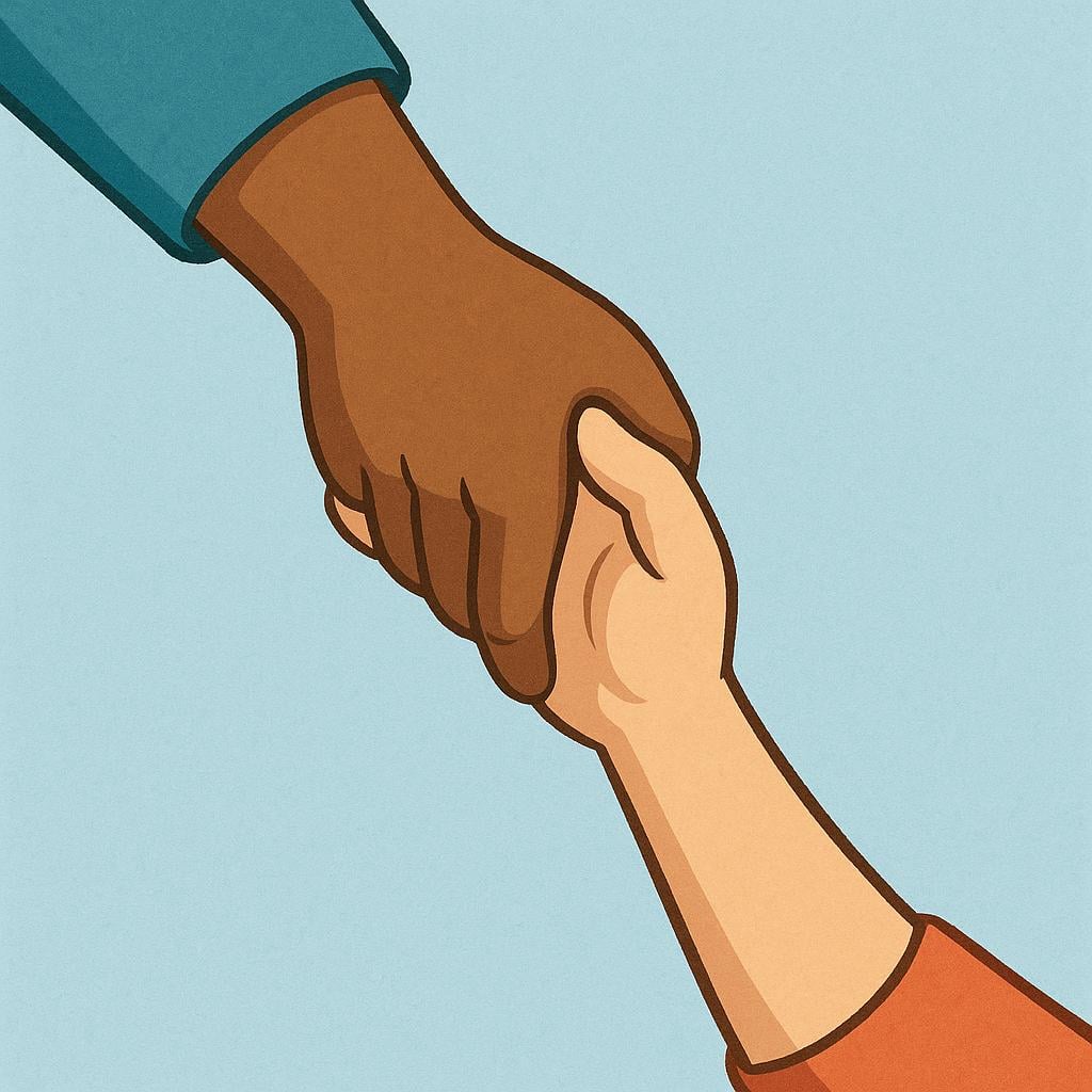 A close-up illustration focusing on two hands clasped tightly. One hand is reaching down from above to firmly pull up the second hand, which is reaching up from below, symbolizing a request for help being answered.