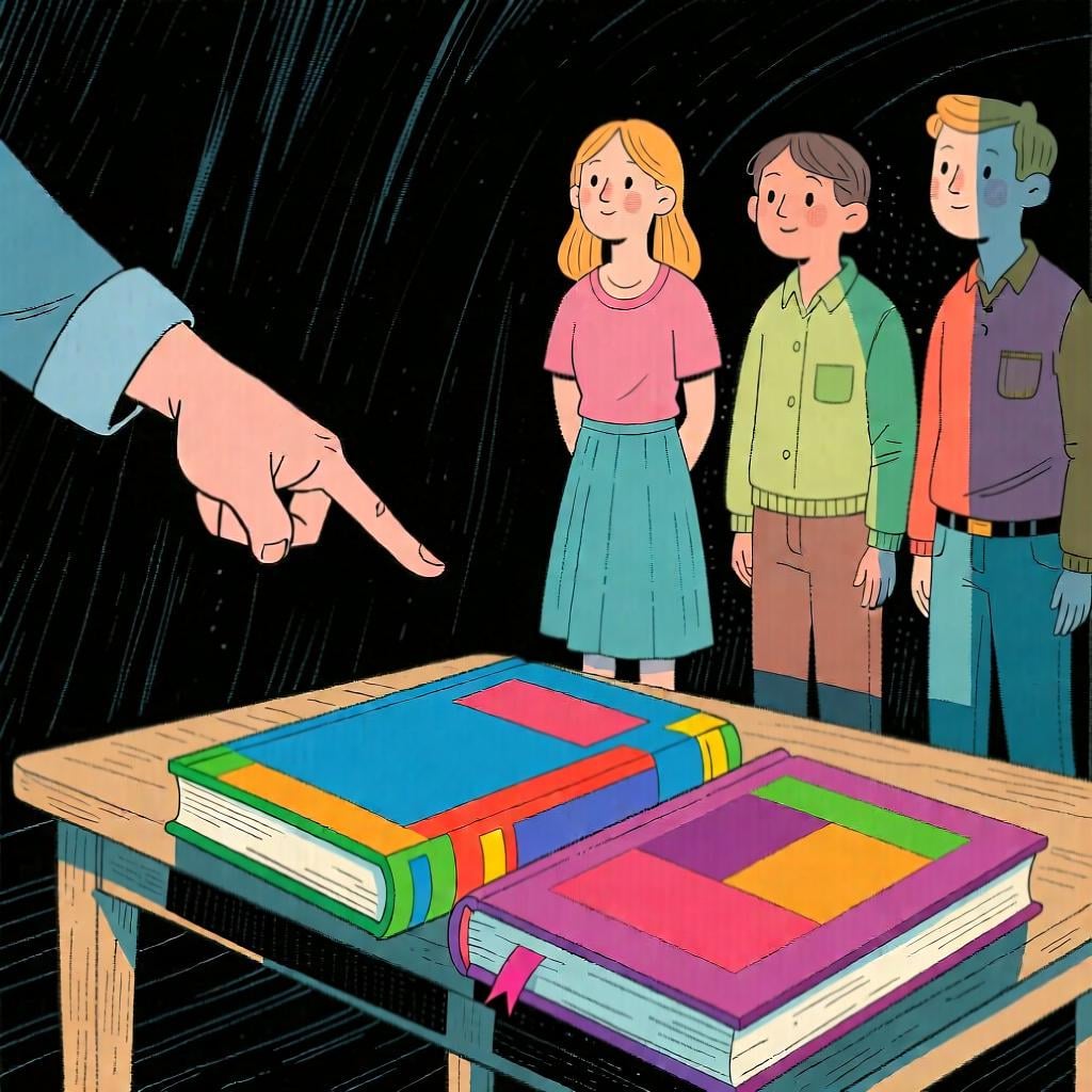 A person pointing to several colorful books on a table that belong to another group of people standing nearby, illustrating the concept of 'their books'.