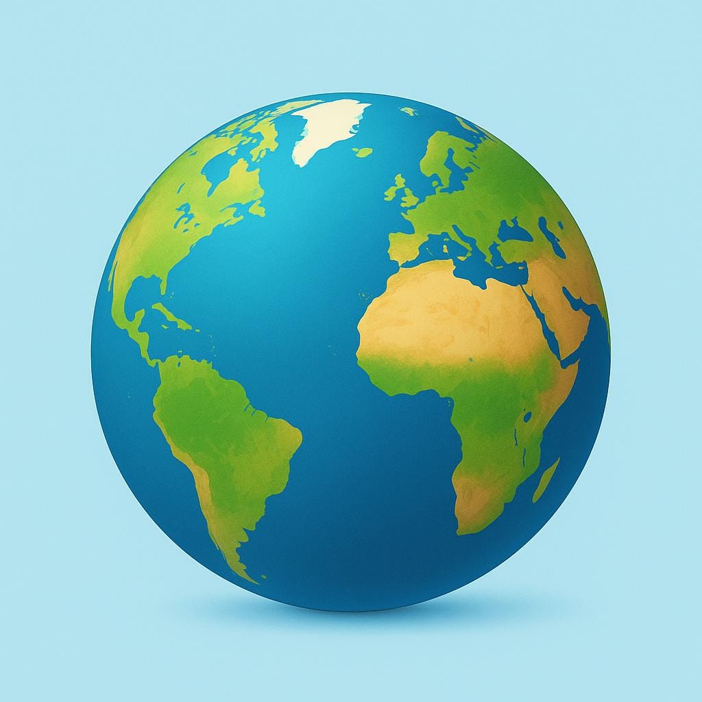 A simple, stylized view of the planet Earth floating in a neutral space, clearly showing green land masses and blue oceans.
