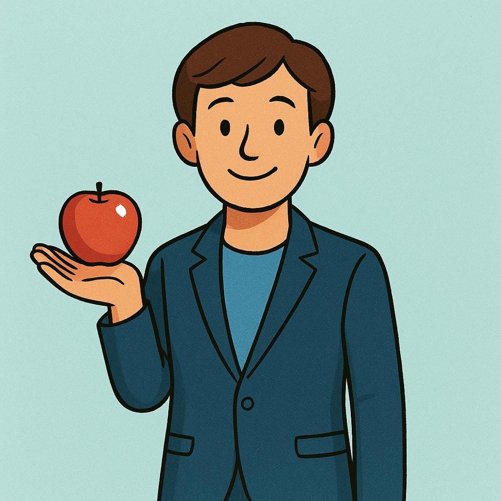 A friendly, neatly dressed cartoon figure standing and presenting a product, such as a shiny red apple, with a welcoming gesture, symbolizing a salesperson.