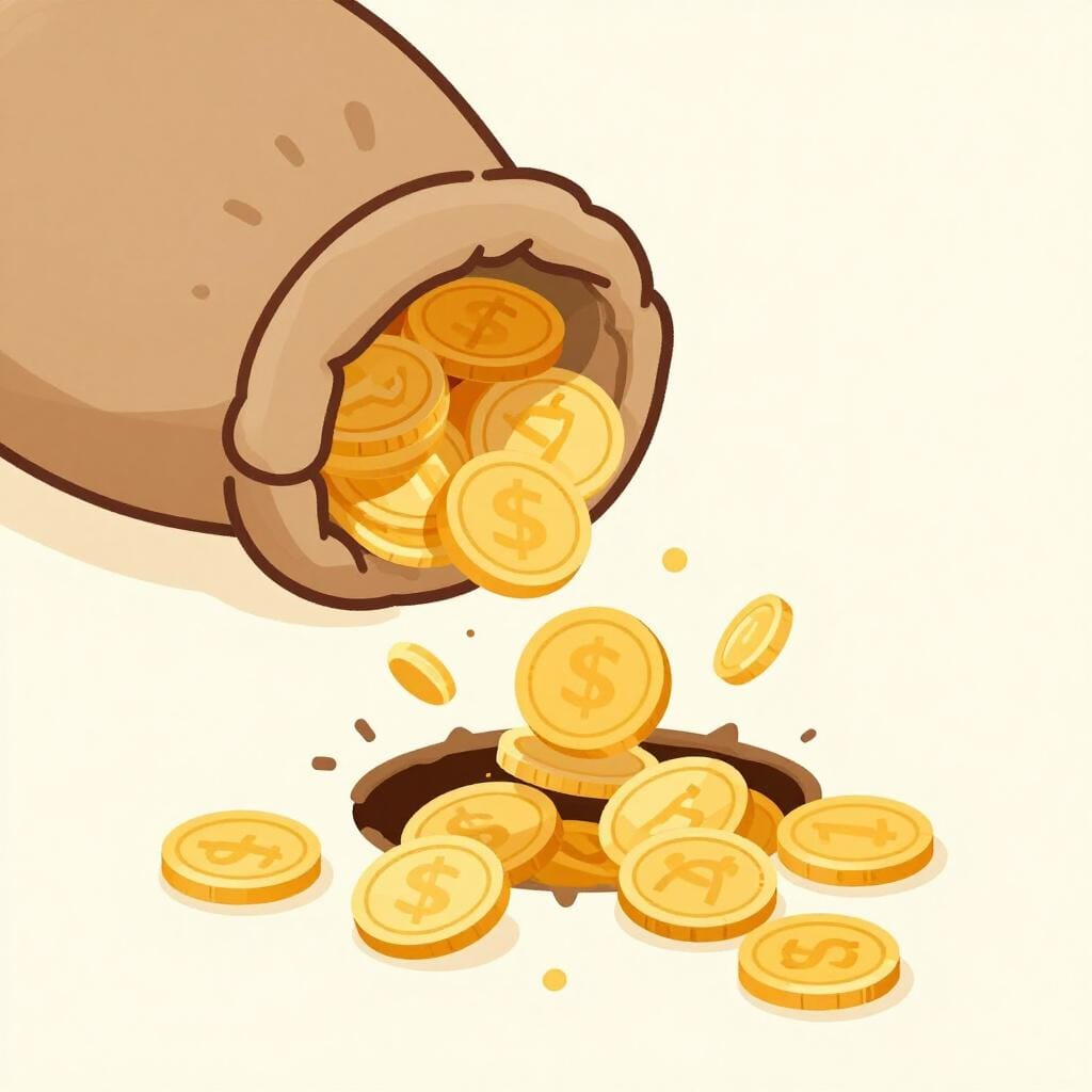 Ein Haufen Goldmünzen fällt durch ein Loch in einem abgenutzten Lederbeutel auf den Boden.