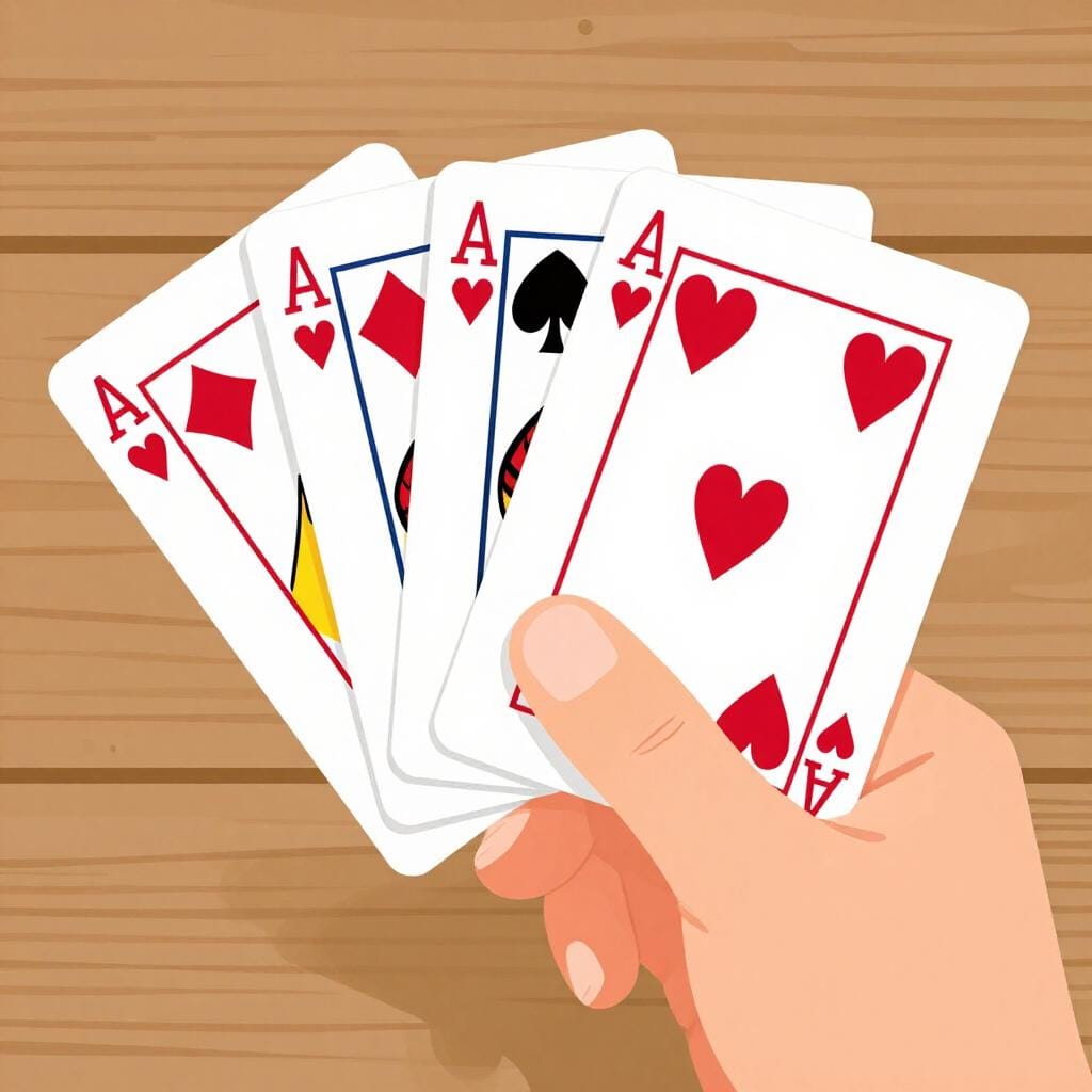 A hand holding a fan of colorful playing cards over a wooden table.