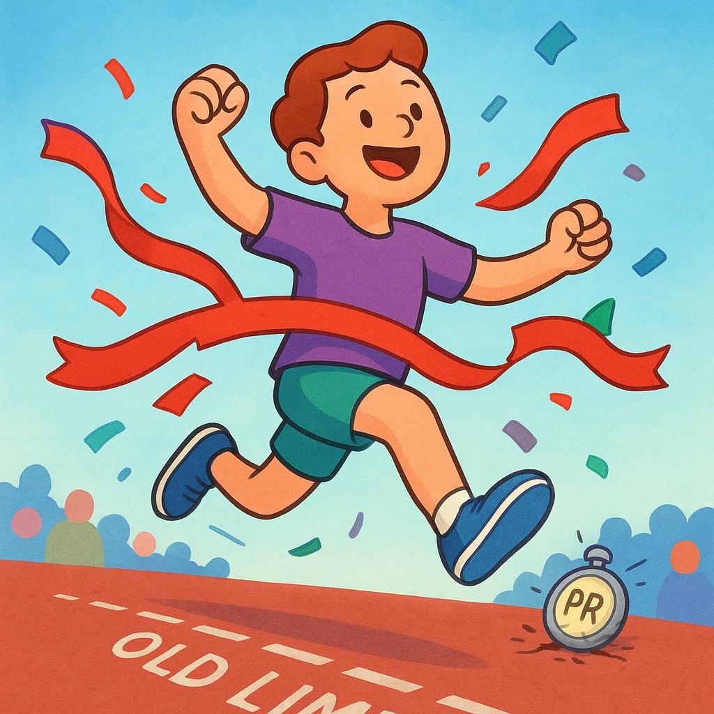 A triumphant runner bursting through a paper finish line tape stretched across a track, indicating a record being broken.