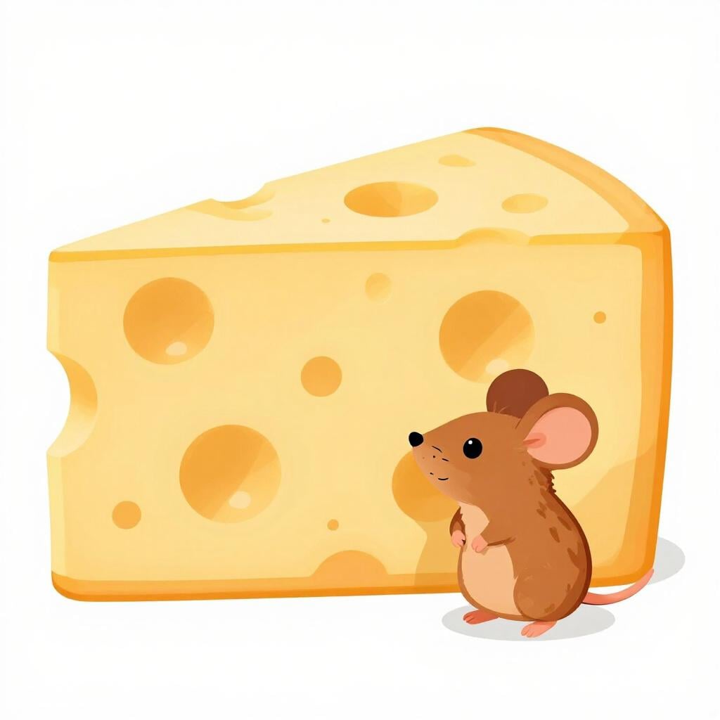 Eine winzige Maus blickt zu einem riesigen, übergroßen Stück Käse von der Größe eines Hauses auf.