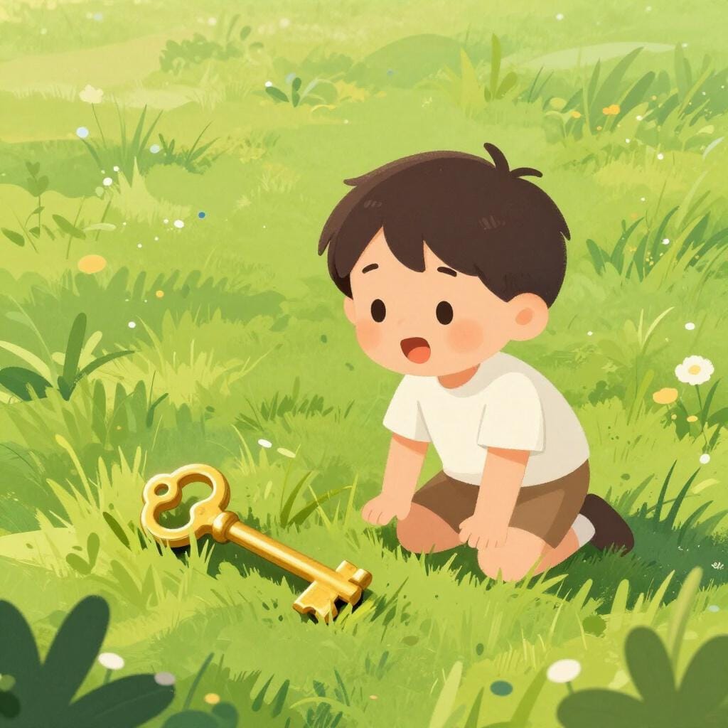 Un bambino in un campo soleggiato che guarda sorpreso e felice mentre trova una chiave dorata luccicante nascosta nell'erba verde alta.