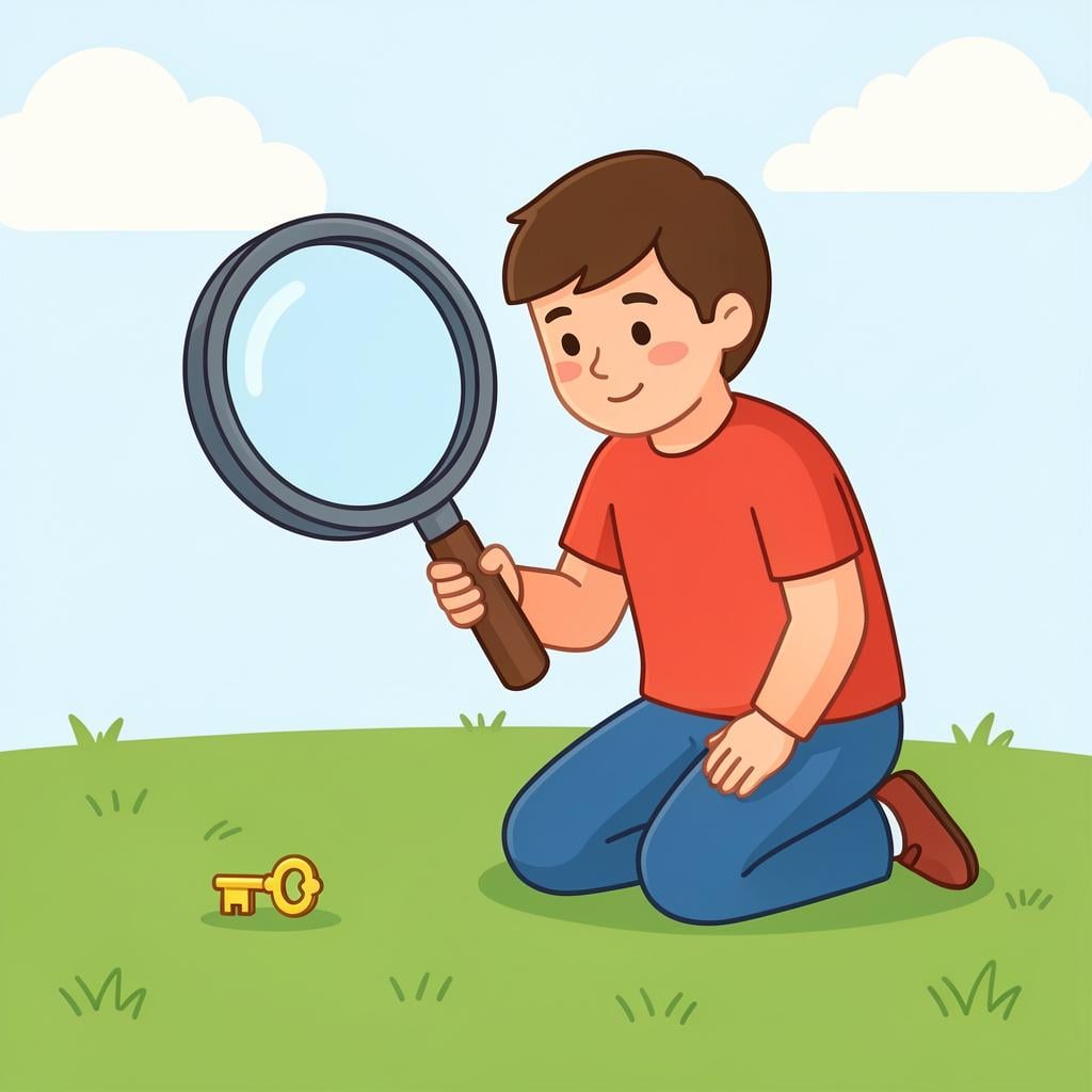 A person kneeling on a green lawn, peering through a large magnifying glass at a small golden key hidden in the grass.