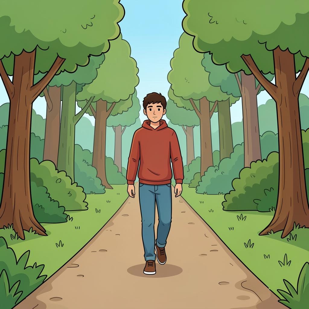 A person coming to a complete stop on a forest path.