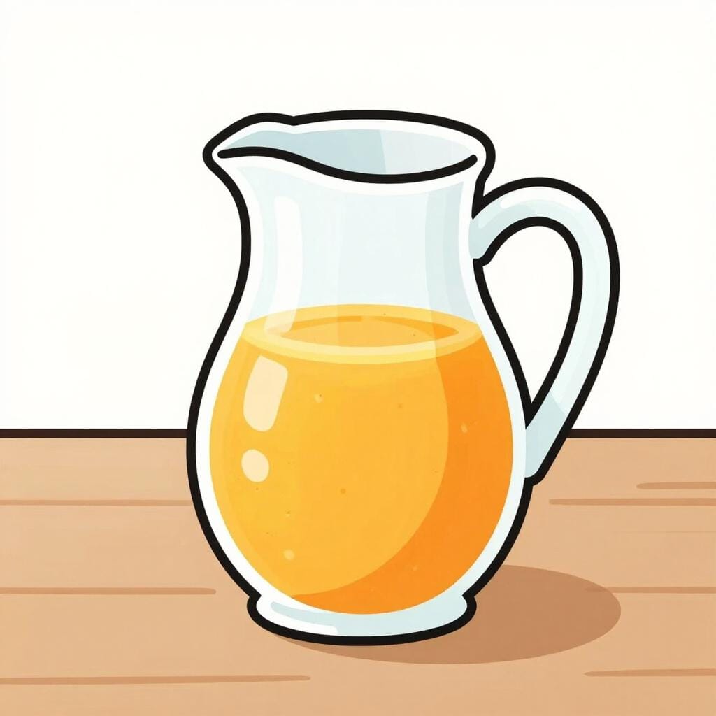 Une carafe en céramique remplie de jus d'orange sur une table en bois.