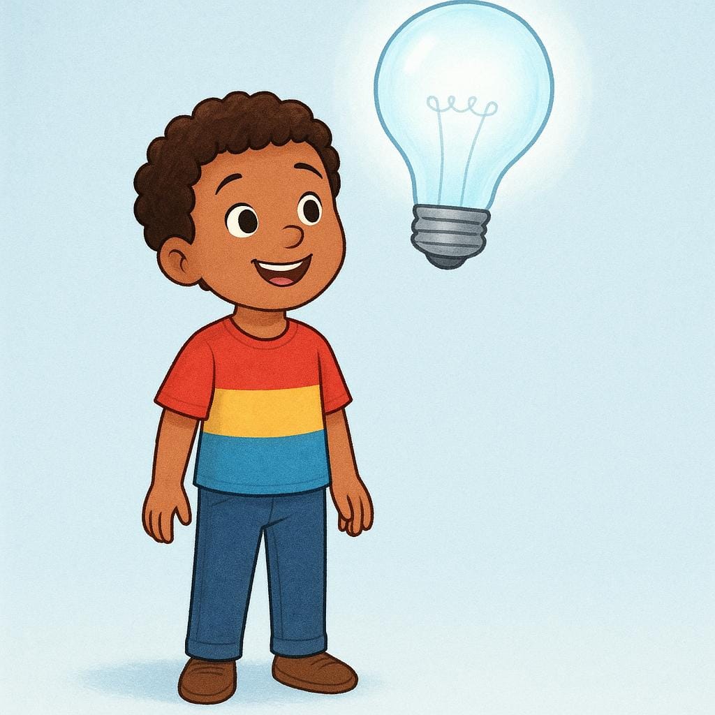 A child with a wide smile and bright eyes, standing next to a large, glowing lightbulb floating above their head, indicating a sudden realization or understanding.