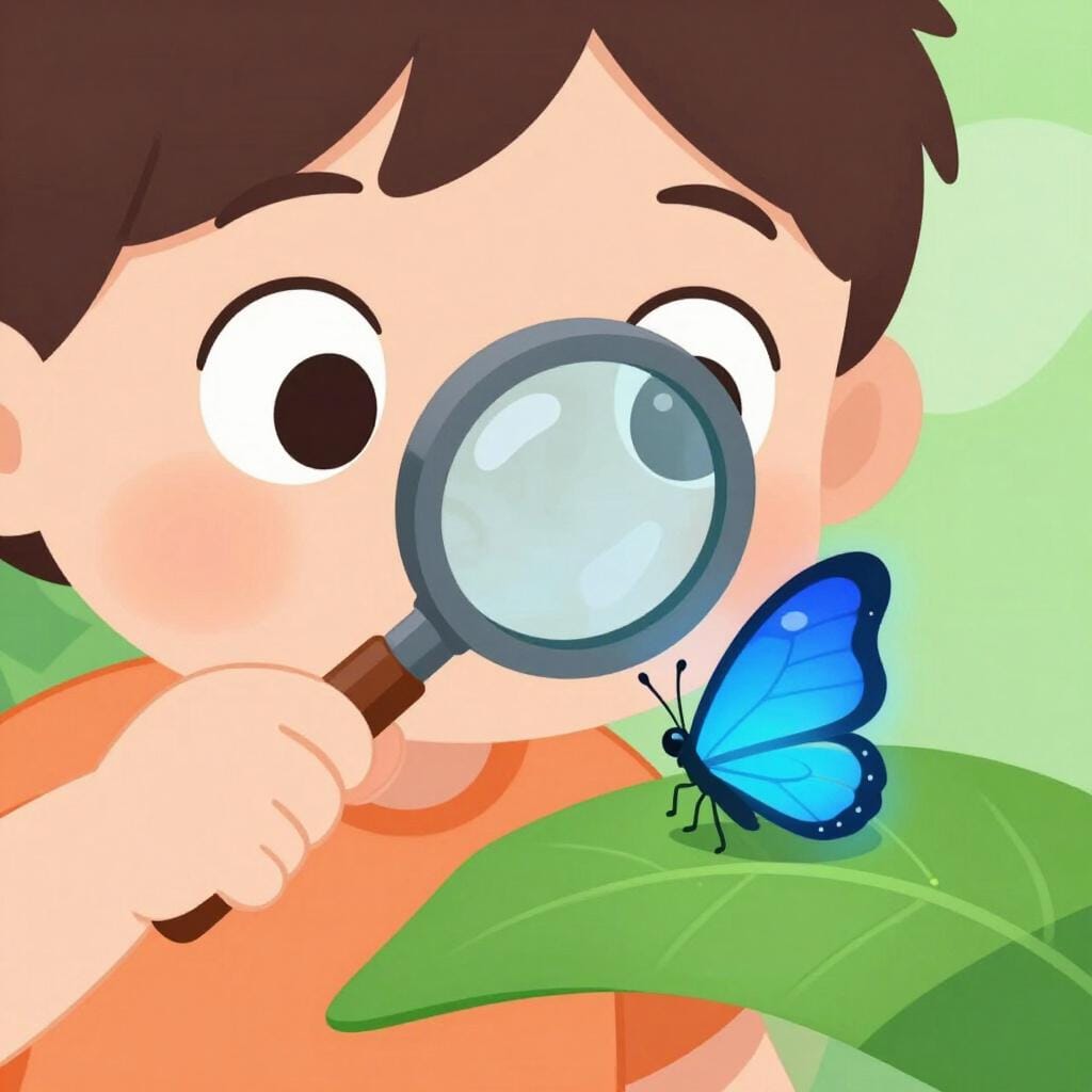A curious young person looking through a magnifying glass at a small glowing blue butterfly.