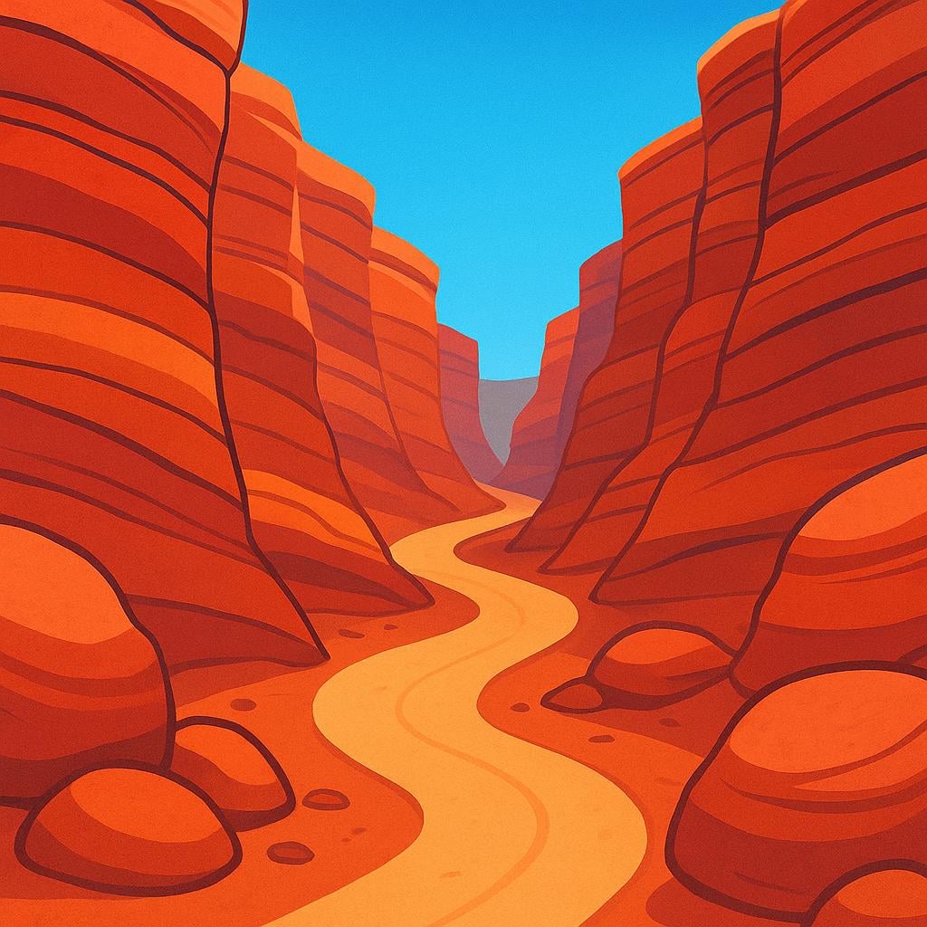 A deep, winding gorge with steep, layered rock walls and a small river at the bottom, viewed under a bright blue sky.