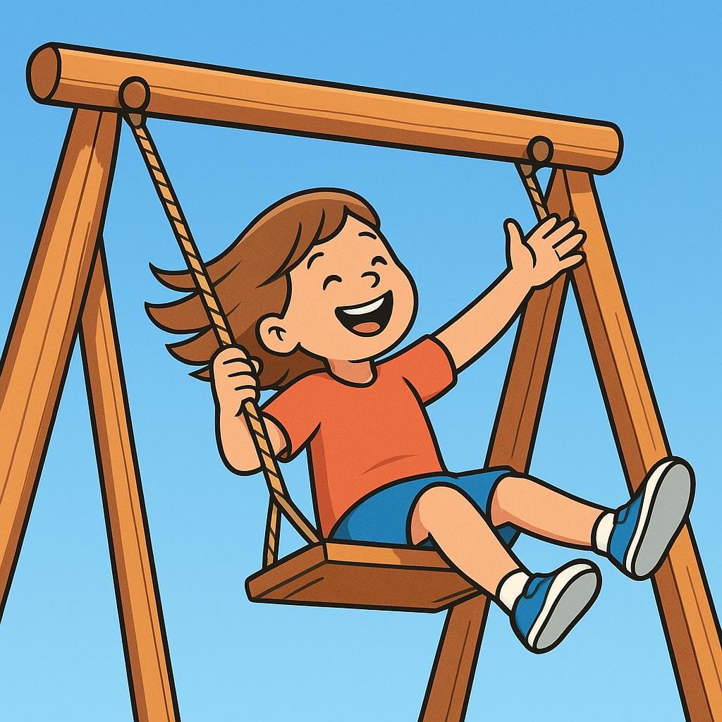 A joyful child with closed eyes and a wide smile is swinging high on a playground swing set against a bright blue sky, illustrating a delightful experience.