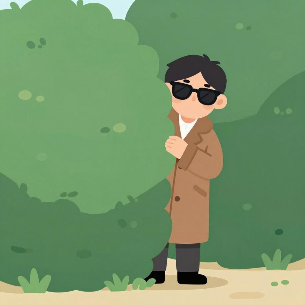 Uma pessoa suspeita em um longo sobretudo e óculos escuros espreitando atrás de um grande arbusto verde.