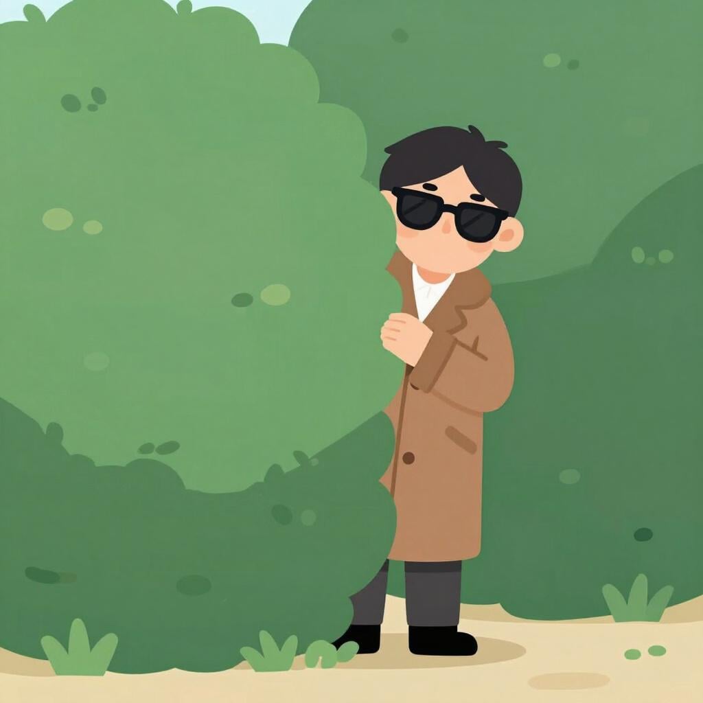 Une personne suspecte portant un long trench-coat et des lunettes de soleil, rôdant derrière un grand buisson vert.