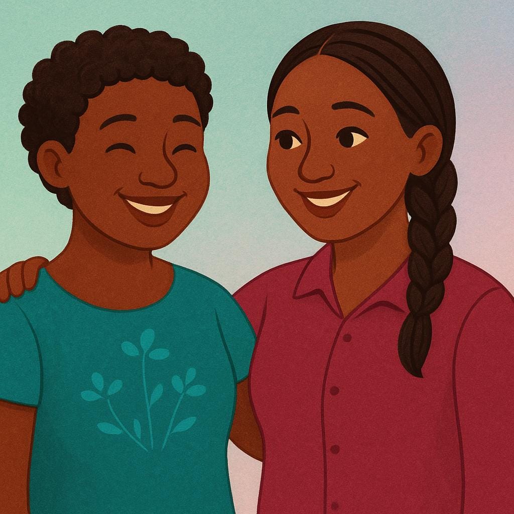 Two smiling adult women with dark skin tones standing close together.