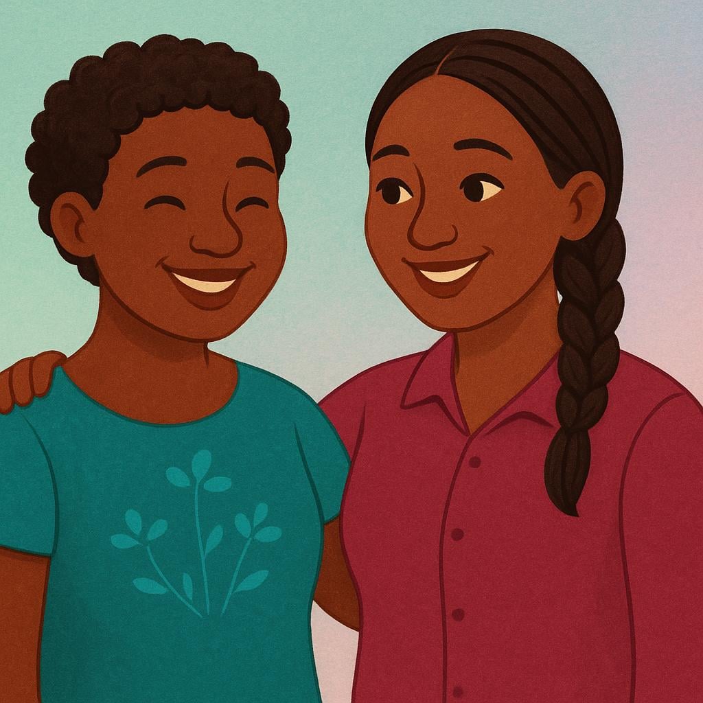 Two smiling adult women with dark skin tones standing close together.