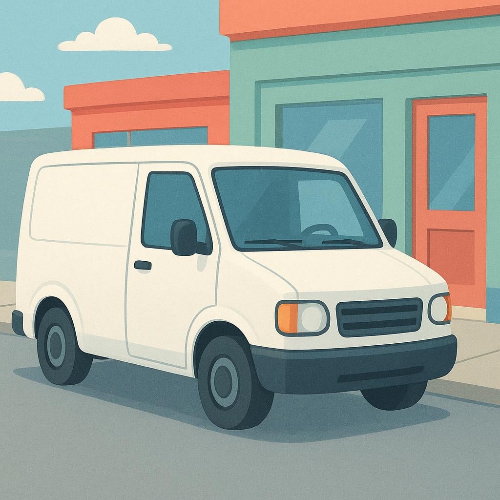 A boxy white commercial delivery van, often used for transporting goods, illustrated simply against a background of buildings.