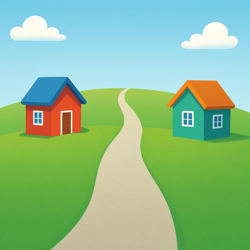 A visual representation of physical distance showing two brightly colored, small houses separated by a wide, empty green space and a long path.