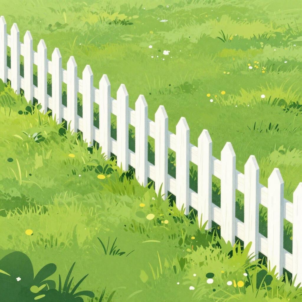Une clôture blanche en bois sous un ciel bleu clair dans un champ d'herbe verte.