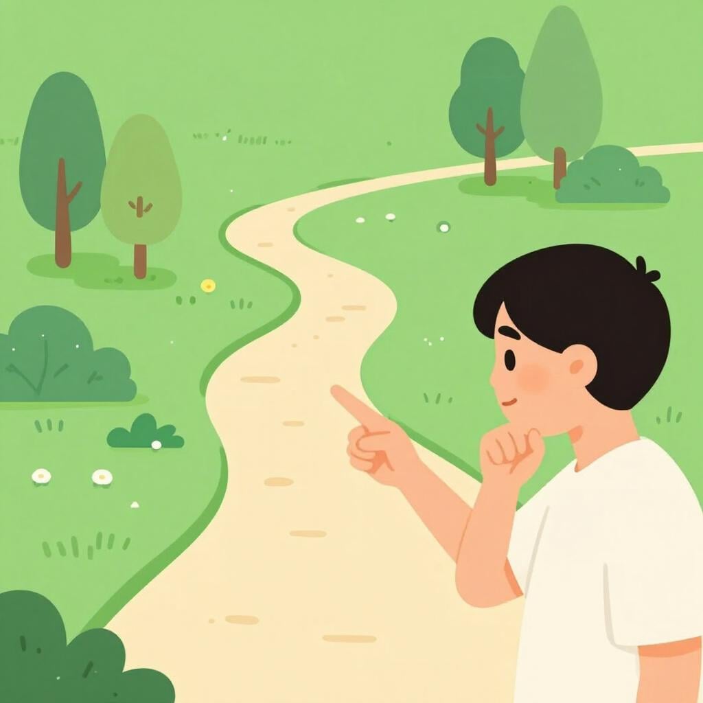 A person pointing toward a path through a forest, offering a suggestion to a friend.
