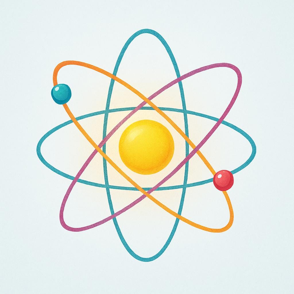 A simple, colorful storybook illustration of a glowing atom. The central nucleus is large and bright yellow, surrounded by three distinct orbital paths with small, colorful electron spheres moving around it, symbolizing nuclear energy.