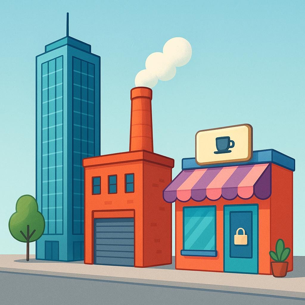 A colorful storybook illustration depicting three stylized, distinct buildings standing side-by-side: a tall glass skyscraper, a mid-sized factory with smokestacks, and a small, colorful storefront.