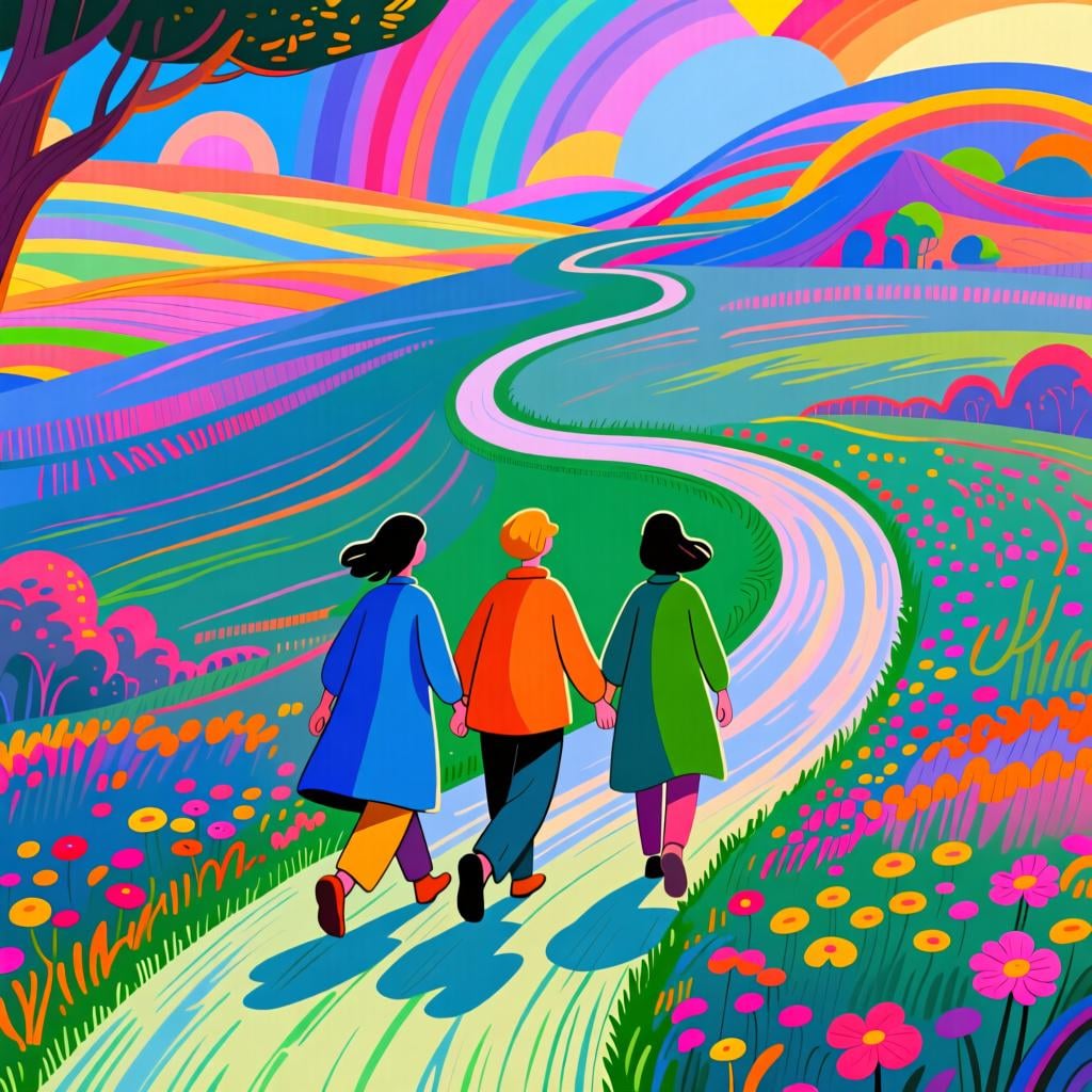A group of three stylized figures walking together along a winding path toward a bright destination.
