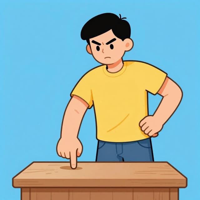 Uma pessoa séria apontando firmemente para uma mesa onde ela quer que um documento seja colocado.